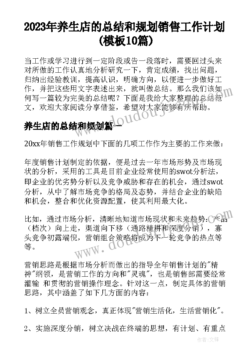 2023年养生店的总结和规划 销售工作计划(模板10篇)