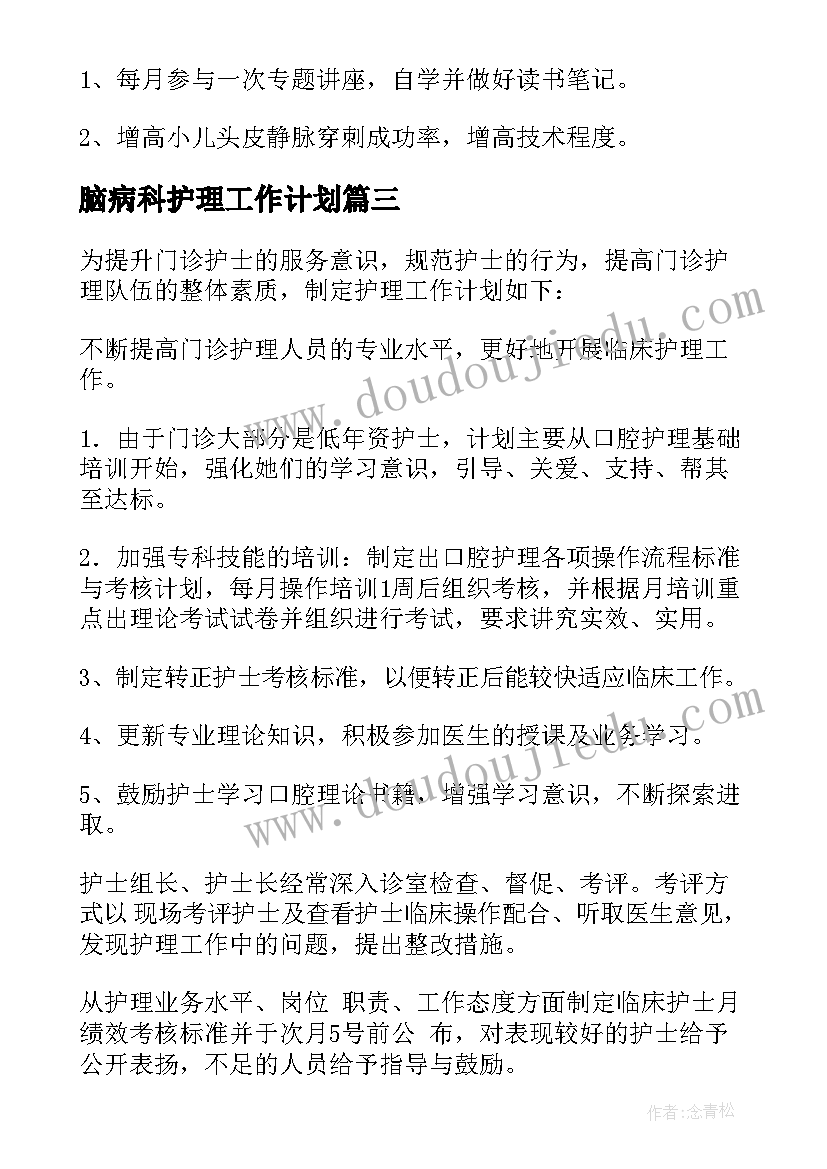 2023年脑病科护理工作计划(模板7篇)