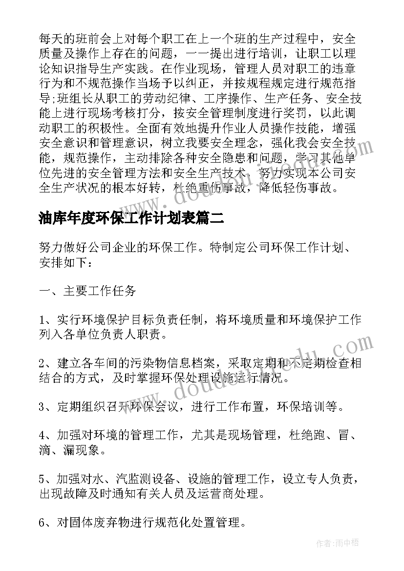 油库年度环保工作计划表(模板9篇)