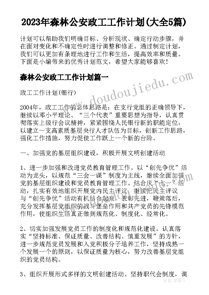 2023年森林公安政工工作计划(大全5篇)