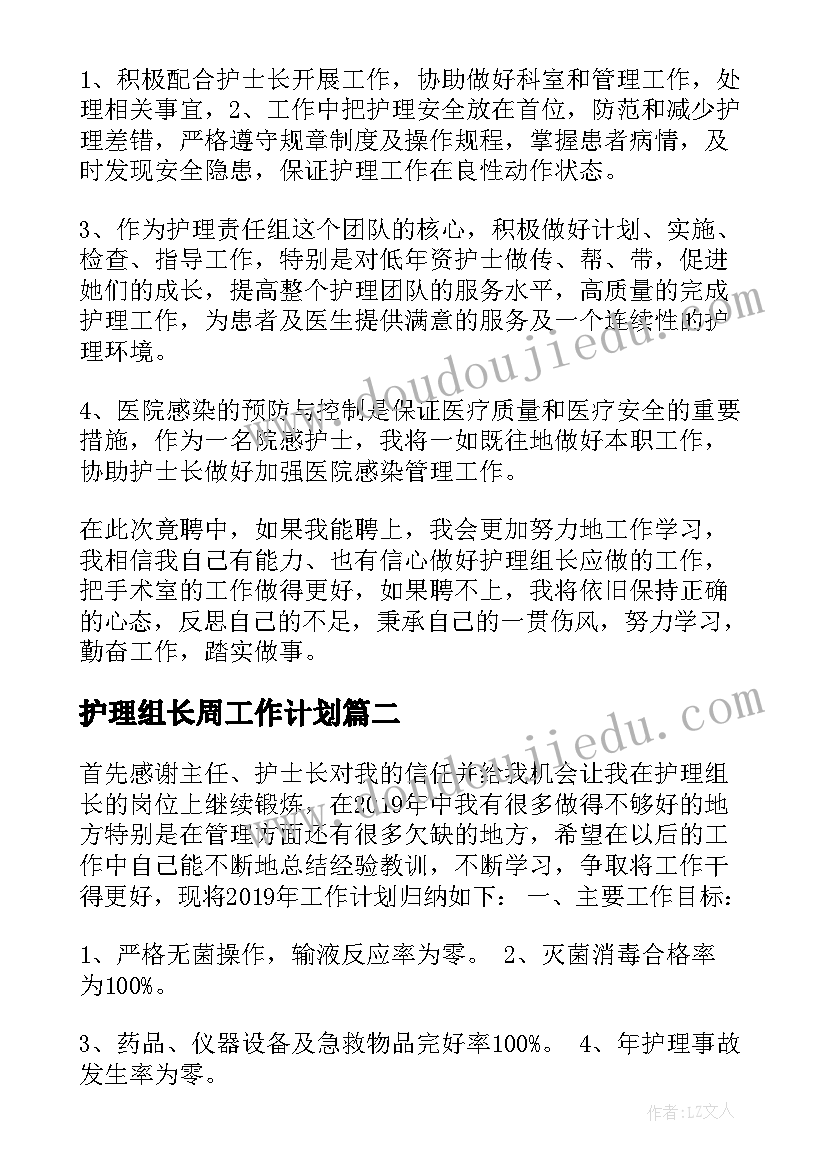 2023年护理组长周工作计划 护理组长工作计划(汇总8篇)