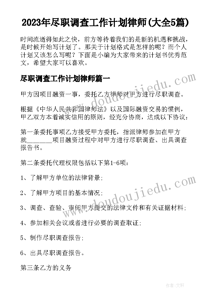 2023年尽职调查工作计划律师(大全5篇)