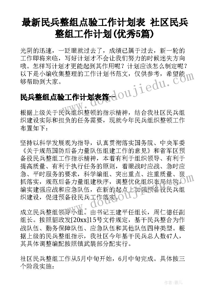 最新民兵整组点验工作计划表 社区民兵整组工作计划(优秀5篇)