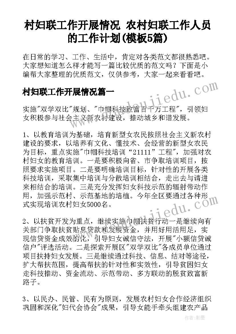 村妇联工作开展情况 农村妇联工作人员的工作计划(模板5篇)