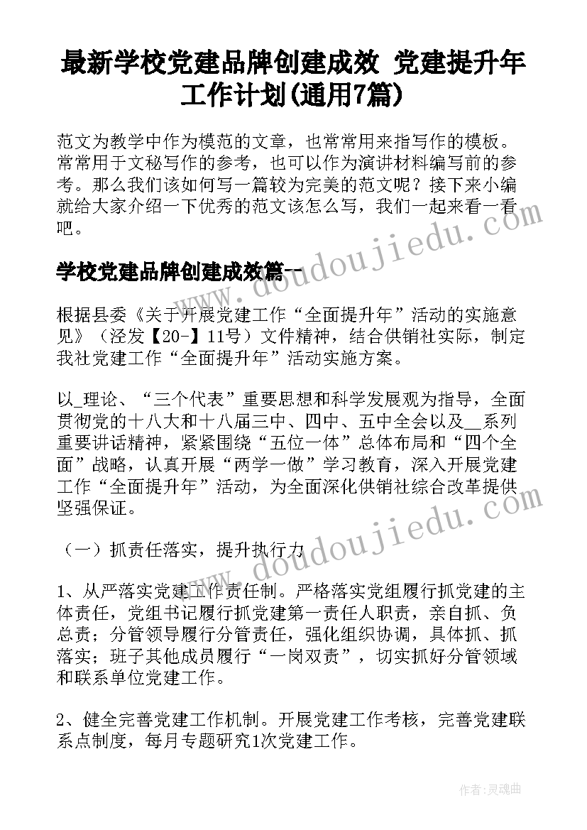 最新学校党建品牌创建成效 党建提升年工作计划(通用7篇)