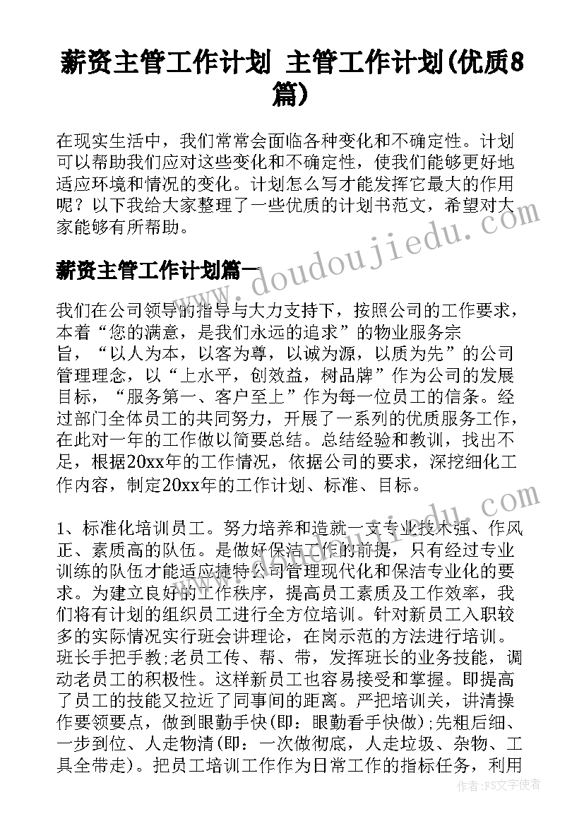 薪资主管工作计划 主管工作计划(优质8篇)