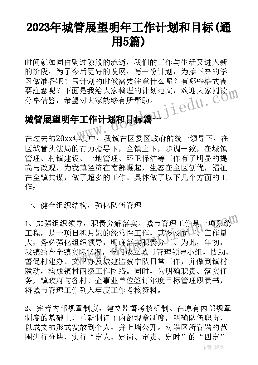 2023年城管展望明年工作计划和目标(通用5篇)