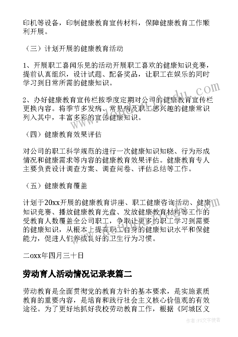 最新劳动育人活动情况记录表 劳动教育工作计划(精选8篇)