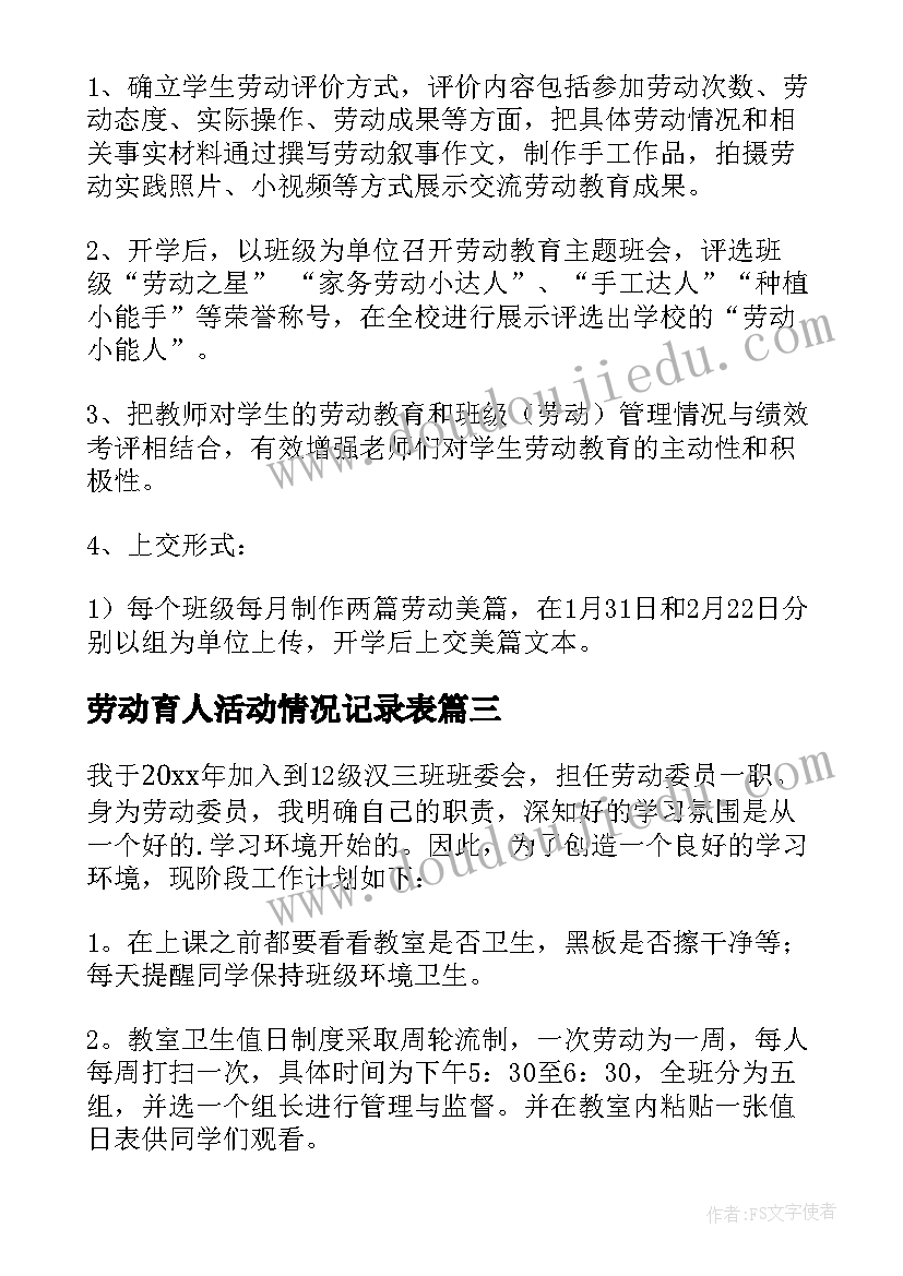 最新劳动育人活动情况记录表 劳动教育工作计划(精选8篇)