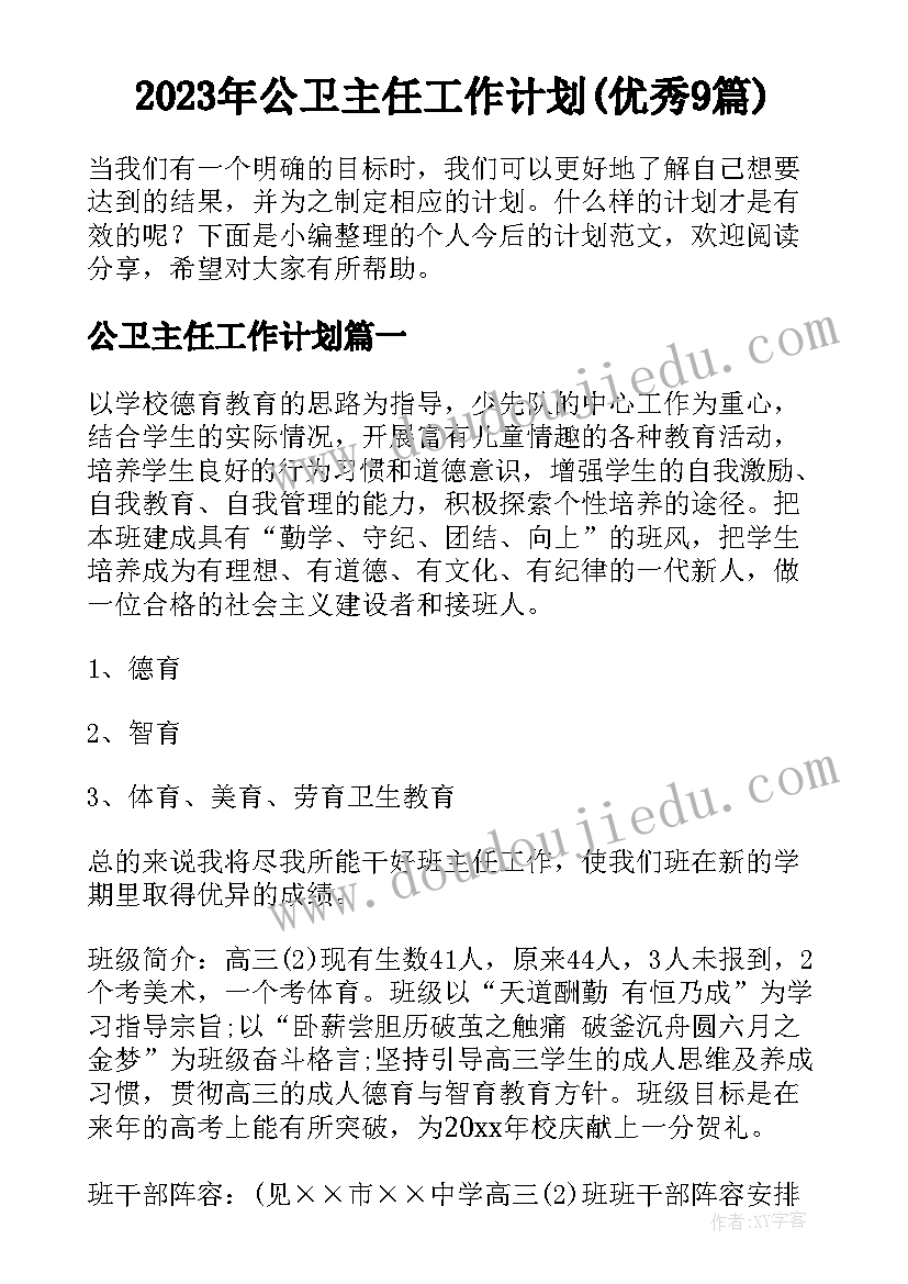 2023年公卫主任工作计划(优秀9篇)