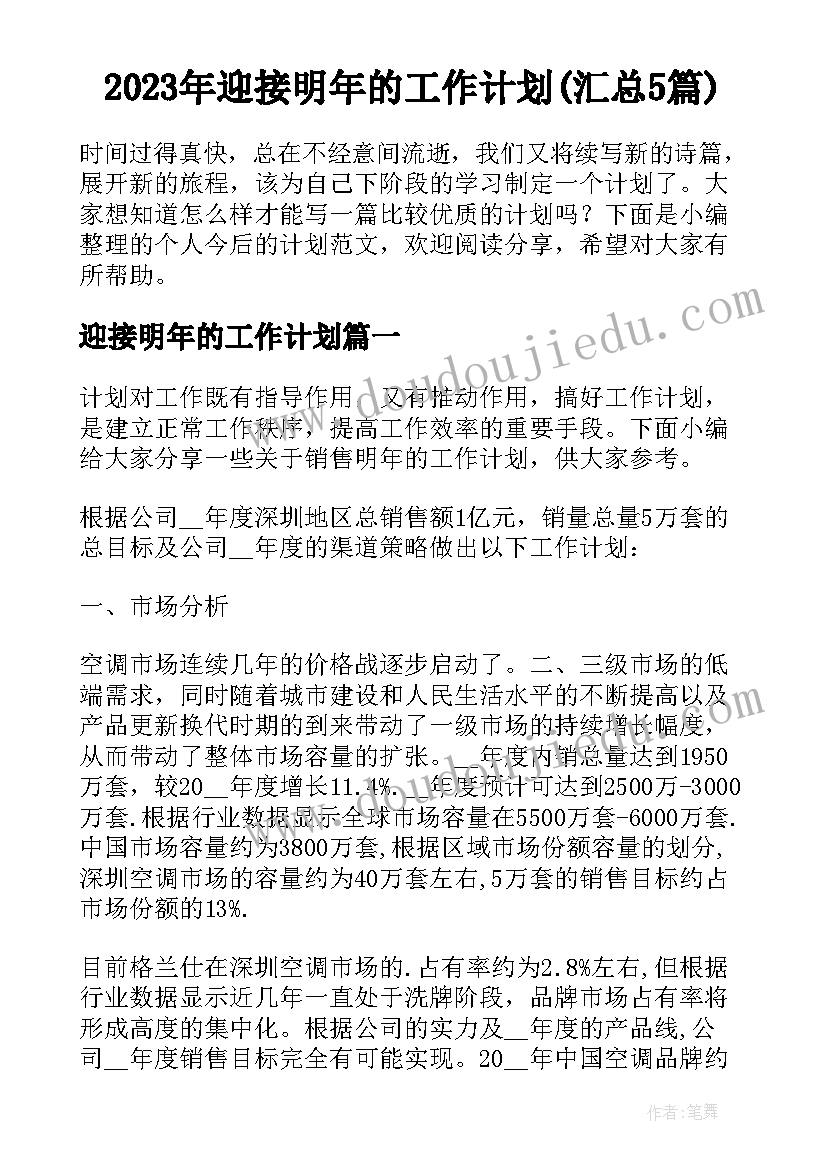 2023年迎接明年的工作计划(汇总5篇)