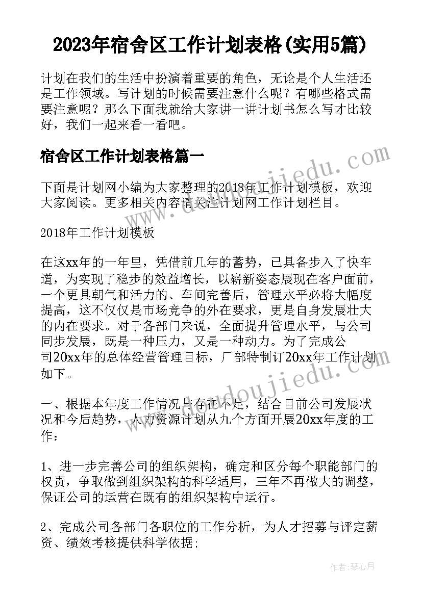 2023年宿舍区工作计划表格(实用5篇)