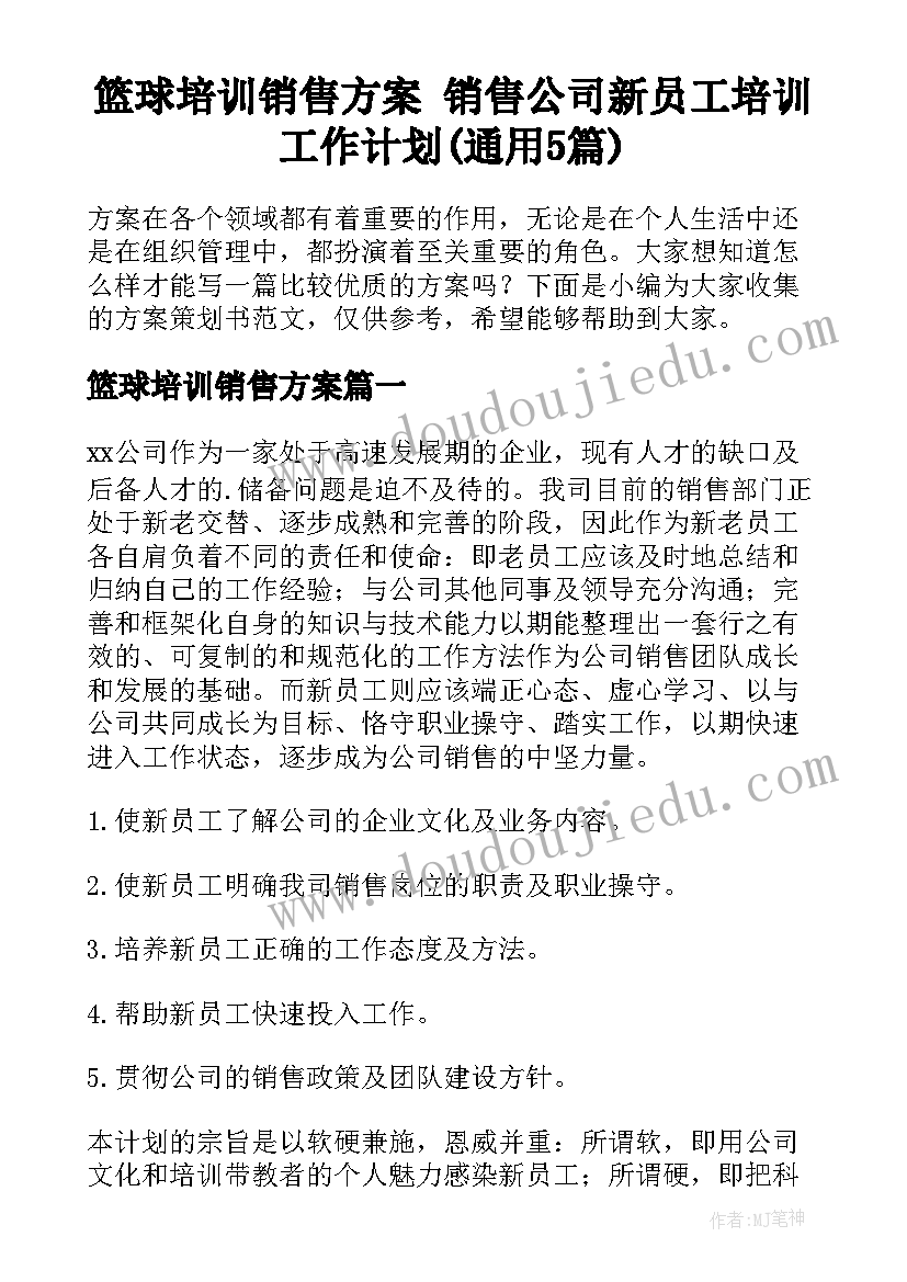 篮球培训销售方案 销售公司新员工培训工作计划(通用5篇)