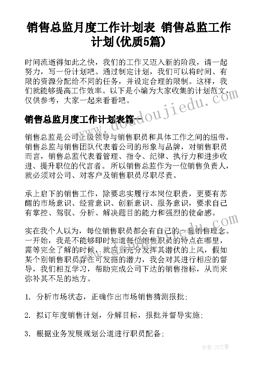 销售总监月度工作计划表 销售总监工作计划(优质5篇)