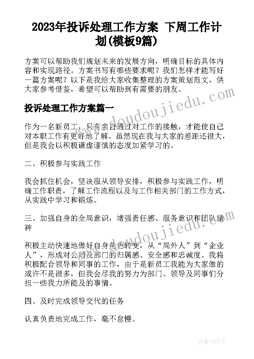 2023年投诉处理工作方案 下周工作计划(模板9篇)