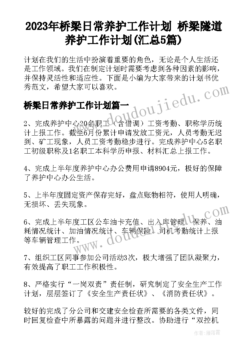 2023年桥梁日常养护工作计划 桥梁隧道养护工作计划(汇总5篇)