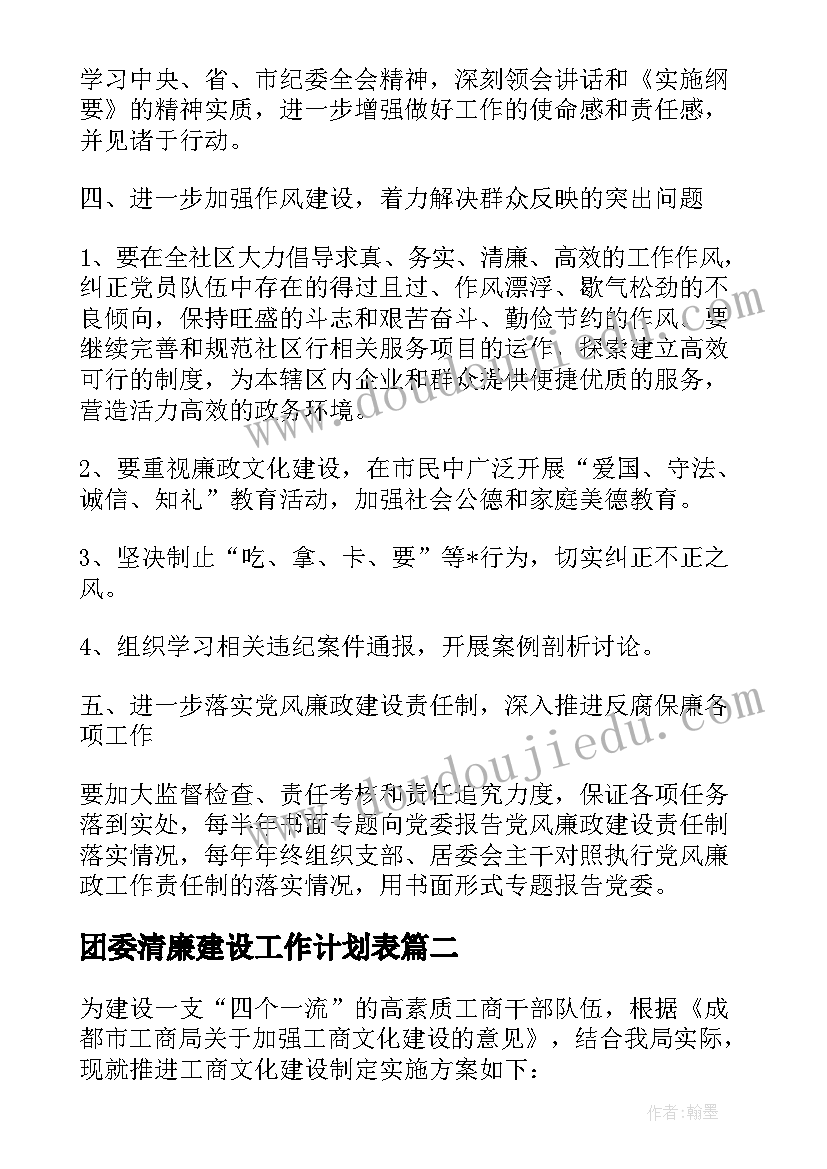 团委清廉建设工作计划表 清廉建设监督工作计划(优质6篇)