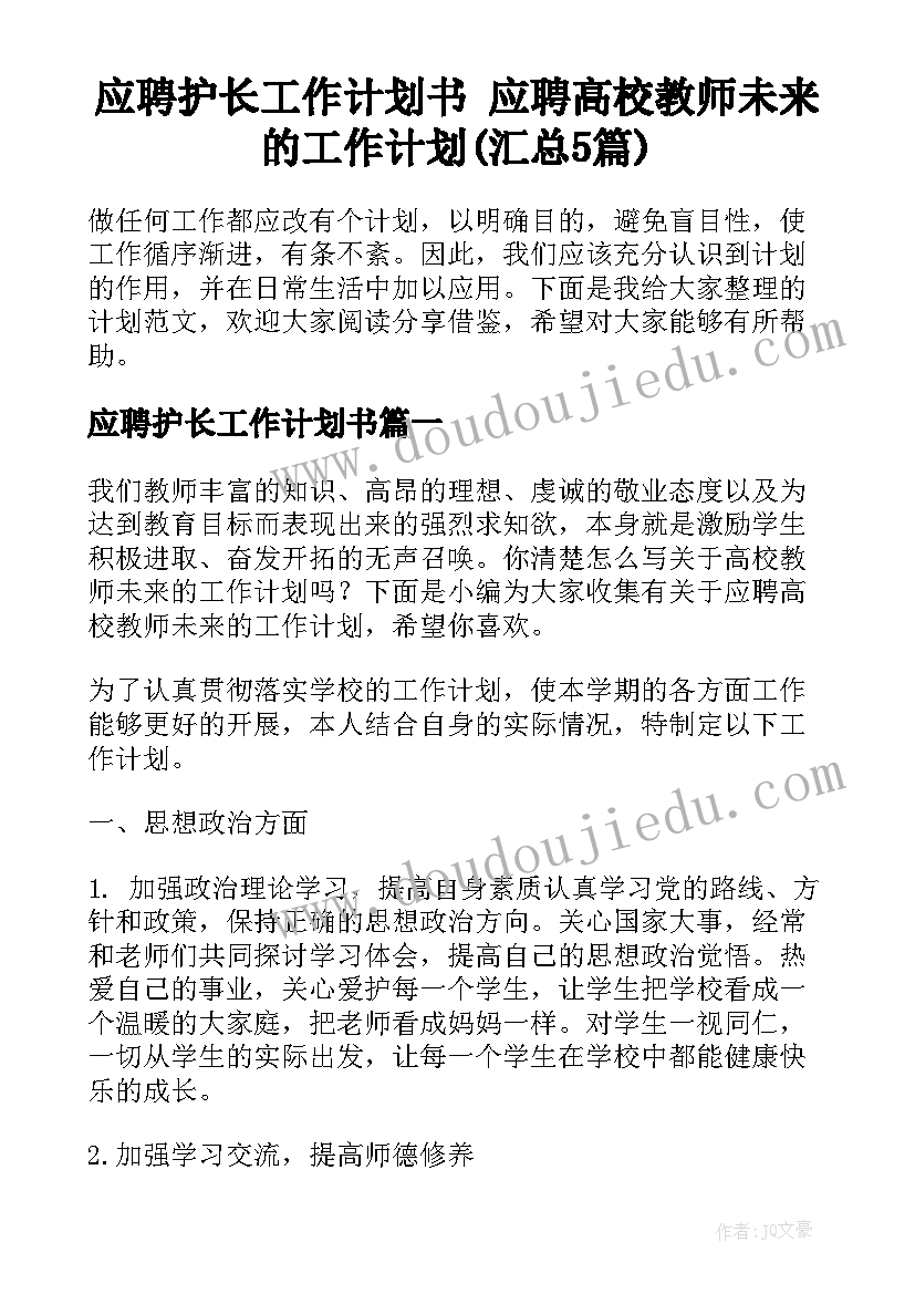 应聘护长工作计划书 应聘高校教师未来的工作计划(汇总5篇)