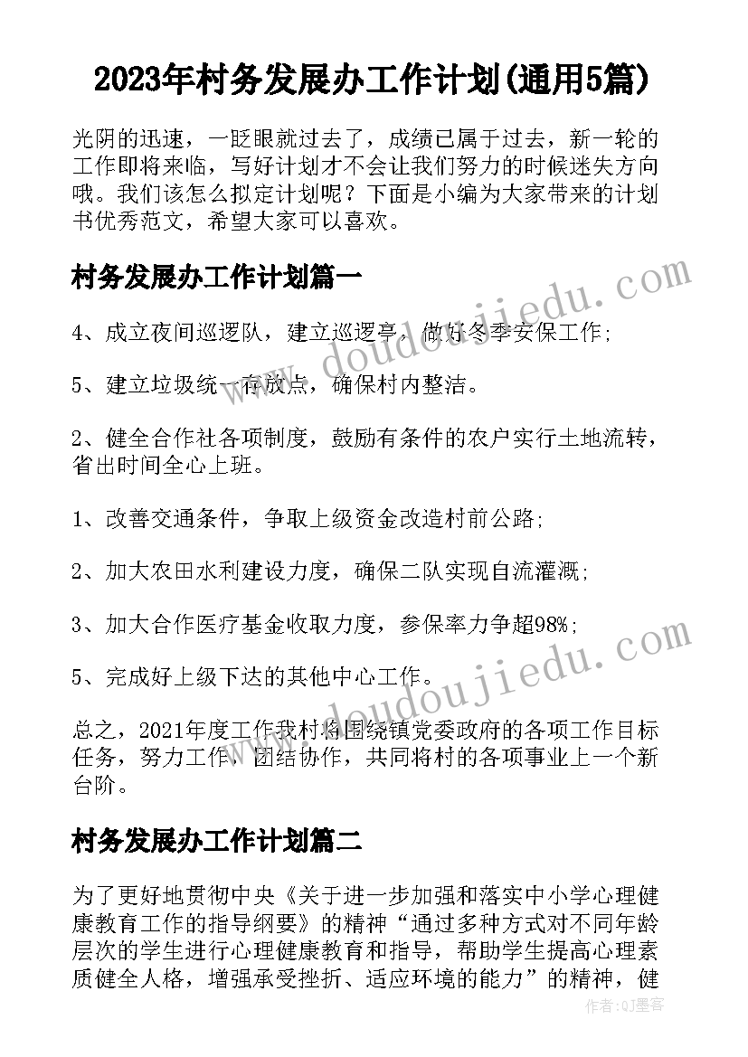 2023年村务发展办工作计划(通用5篇)