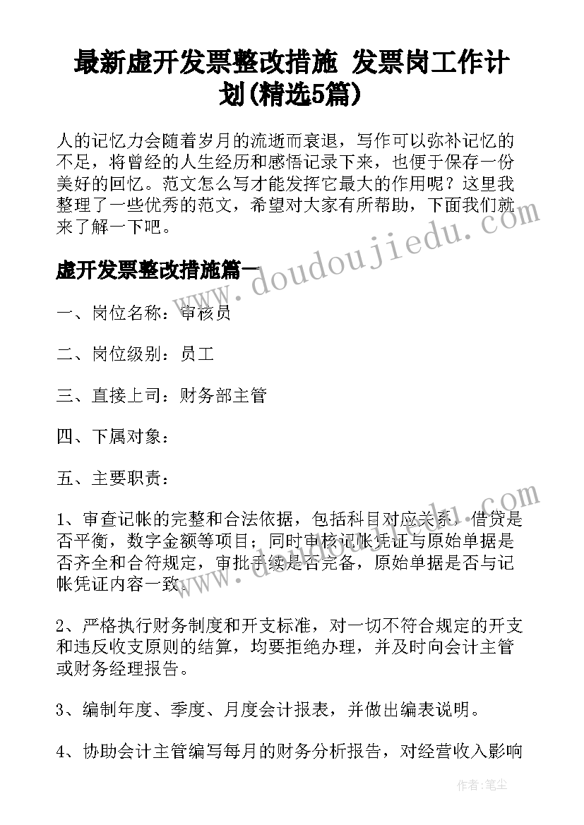 最新虚开发票整改措施 发票岗工作计划(精选5篇)