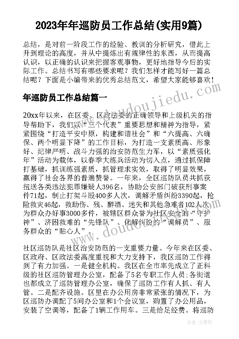 2023年年巡防员工作总结(实用9篇)