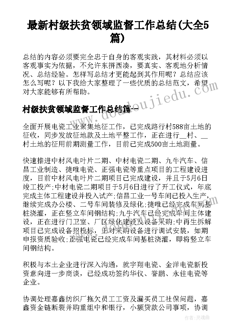 最新村级扶贫领域监督工作总结(大全5篇)