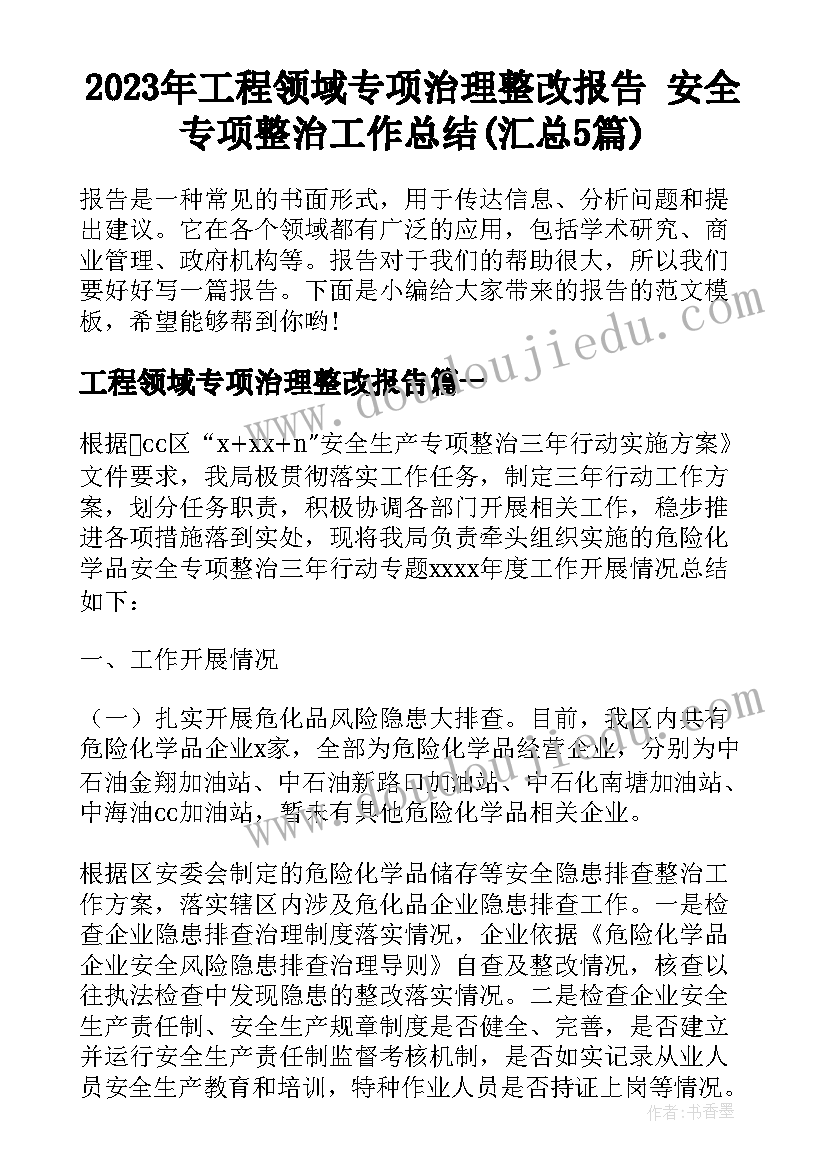 2023年工程领域专项治理整改报告 安全专项整治工作总结(汇总5篇)