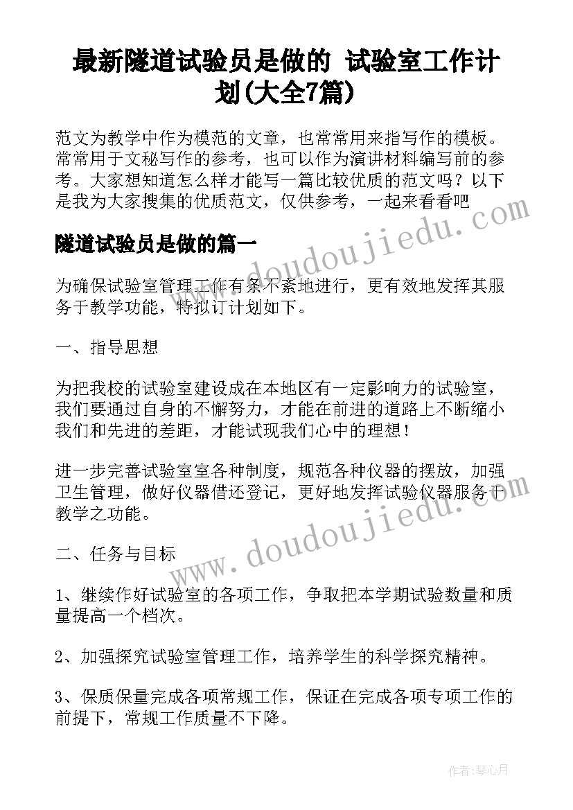 最新隧道试验员是做的 试验室工作计划(大全7篇)