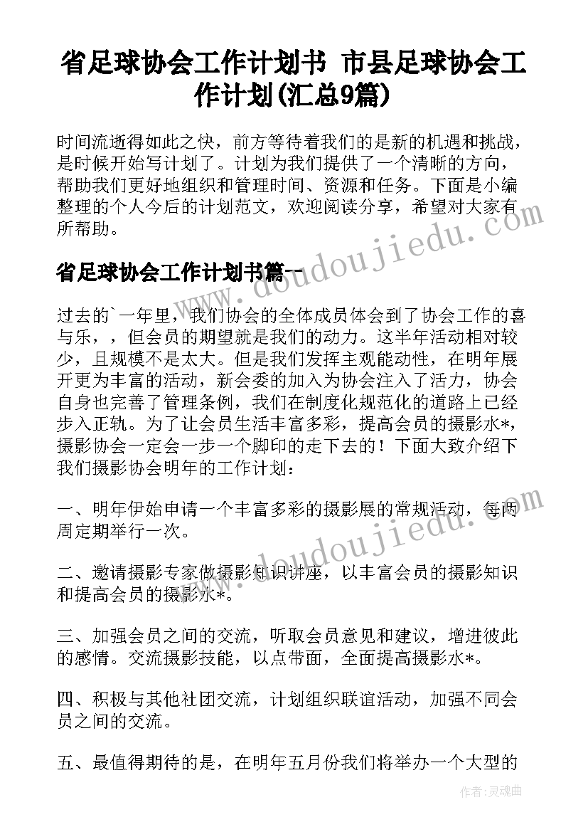 省足球协会工作计划书 市县足球协会工作计划(汇总9篇)