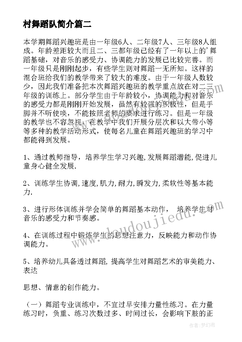 2023年村舞蹈队简介 舞蹈教学工作计划(优质6篇)