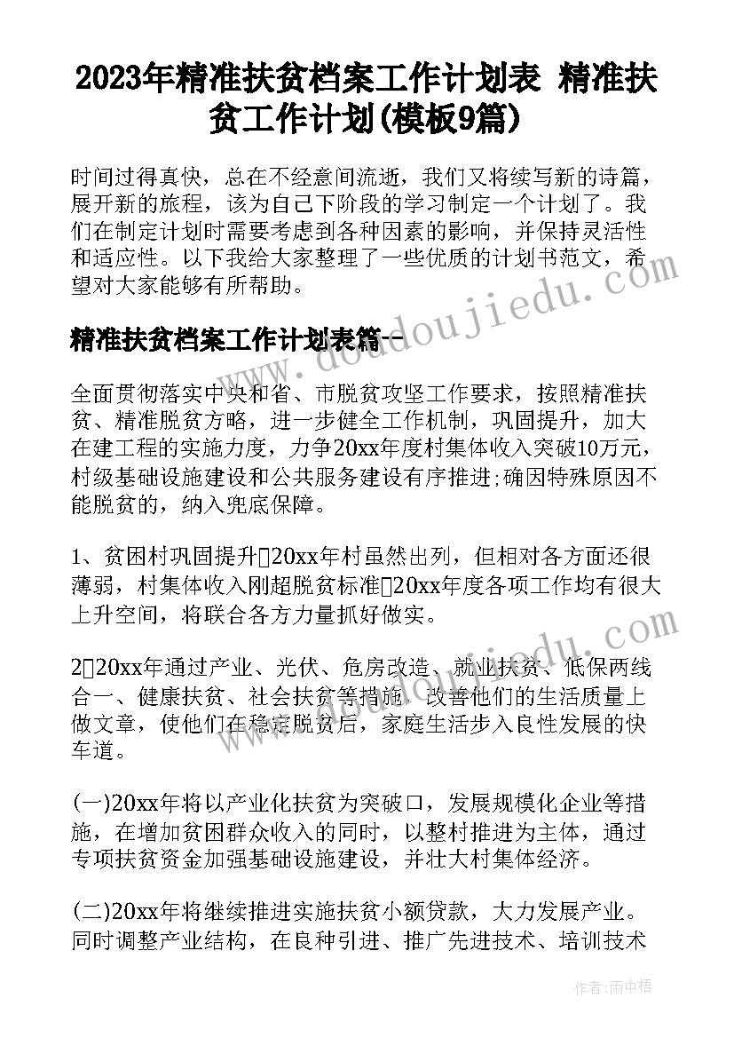 2023年精准扶贫档案工作计划表 精准扶贫工作计划(模板9篇)