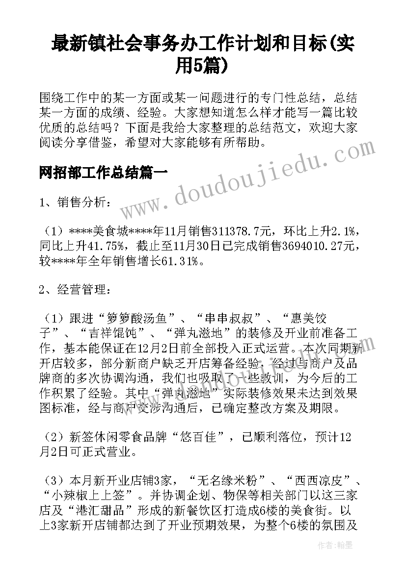 最新镇社会事务办工作计划和目标(实用5篇)