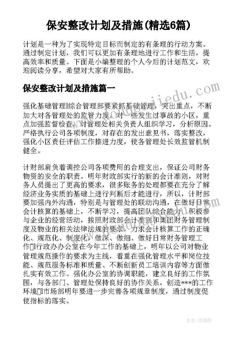 保安整改计划及措施(精选6篇)