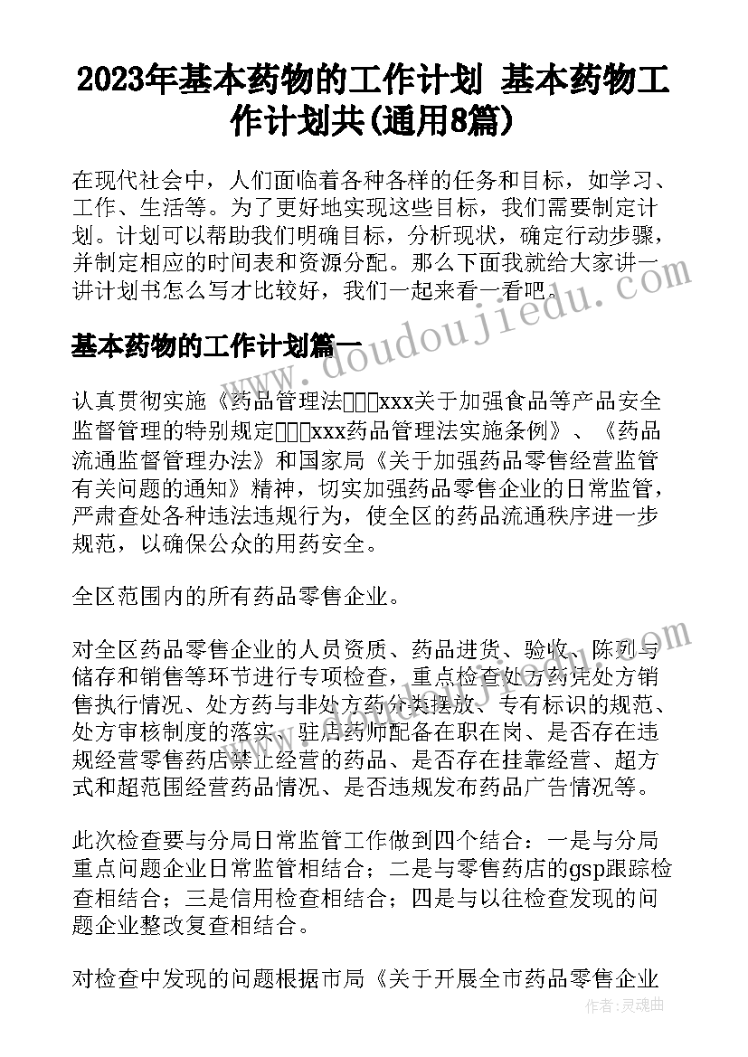 2023年基本药物的工作计划 基本药物工作计划共(通用8篇)