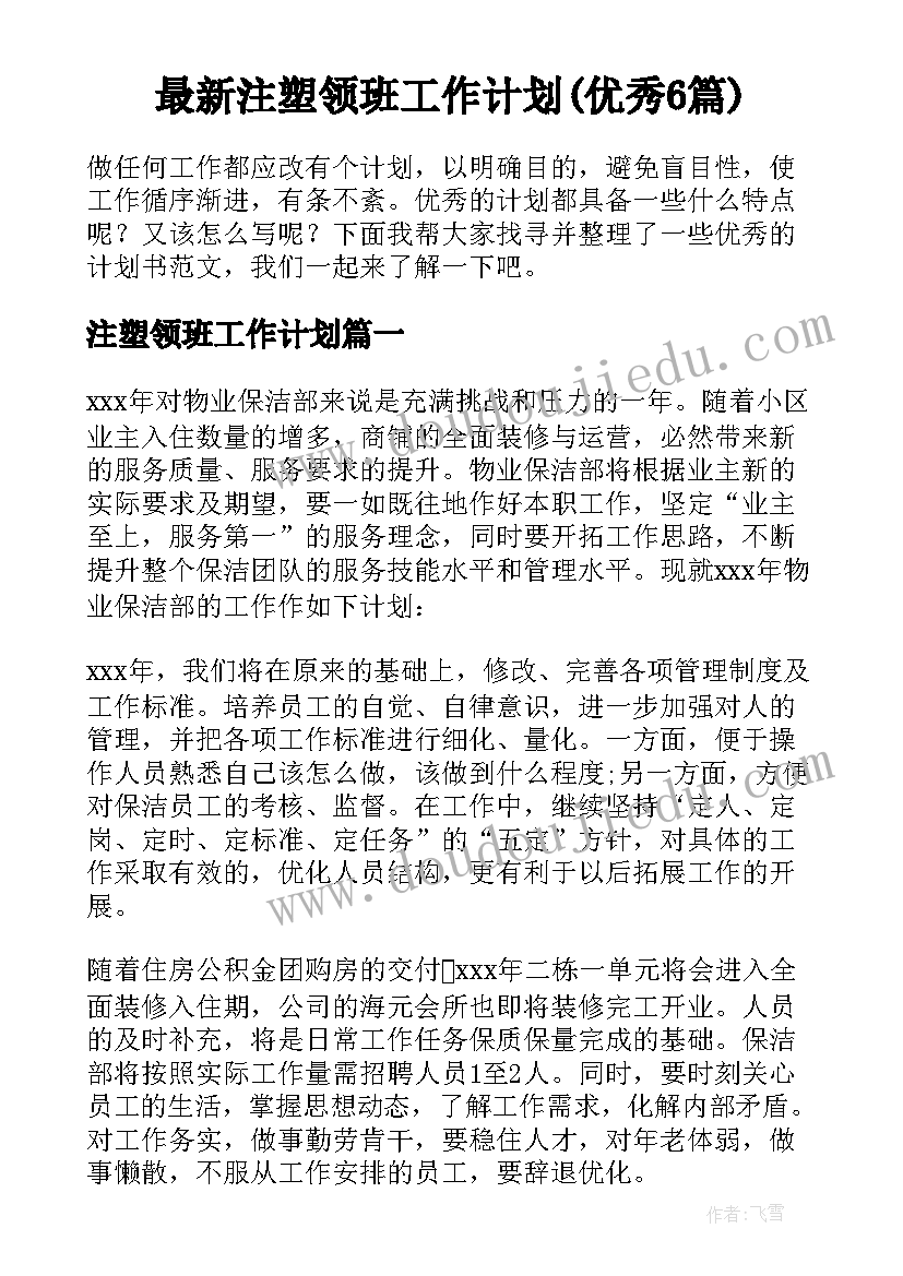 最新注塑领班工作计划(优秀6篇)