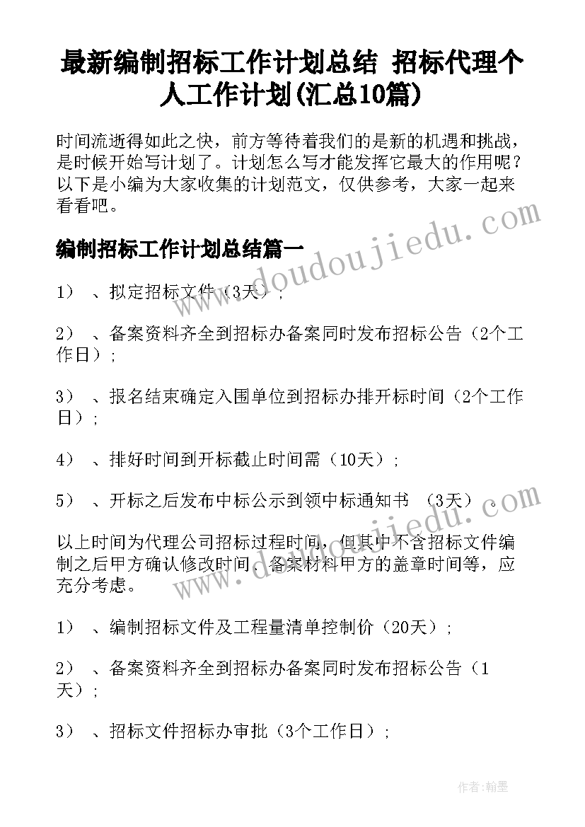 最新编制招标工作计划总结 招标代理个人工作计划(汇总10篇)