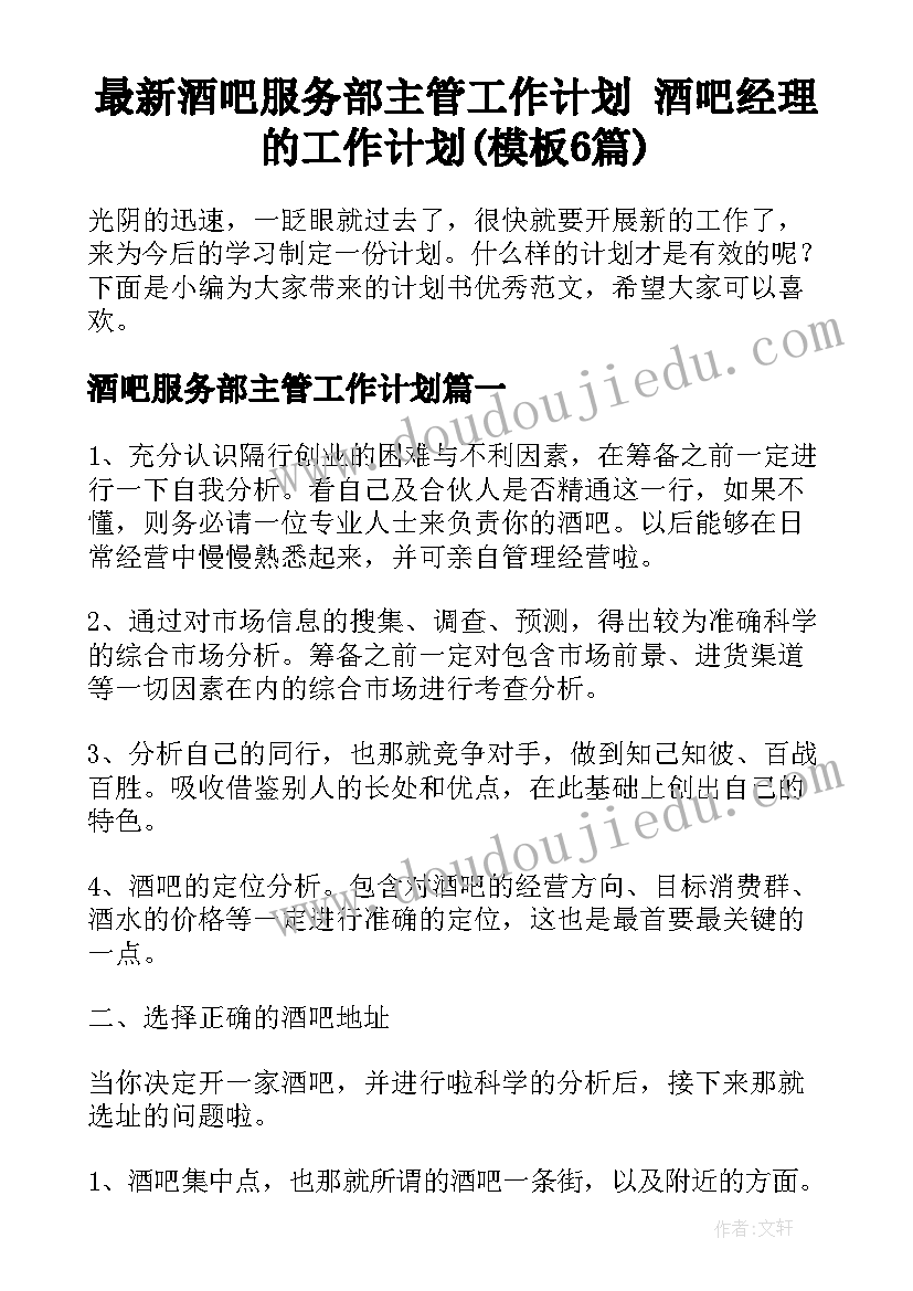 最新酒吧服务部主管工作计划 酒吧经理的工作计划(模板6篇)