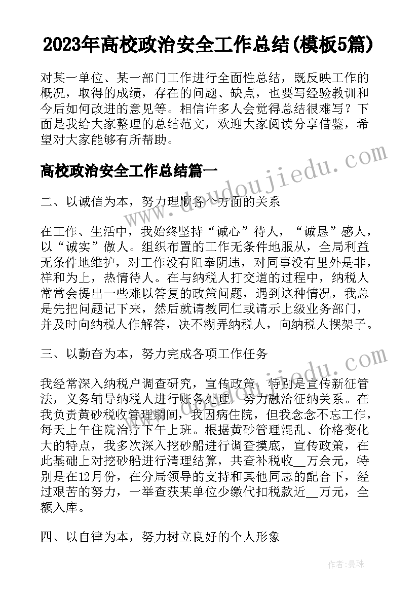 2023年高校政治安全工作总结(模板5篇)