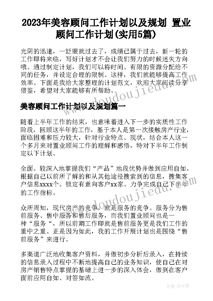 2023年美容顾问工作计划以及规划 置业顾问工作计划(实用5篇)