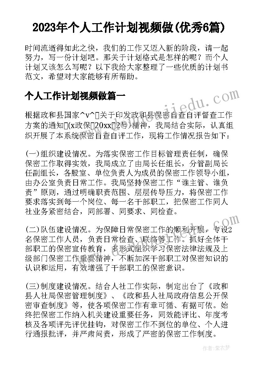 2023年个人工作计划视频做(优秀6篇)