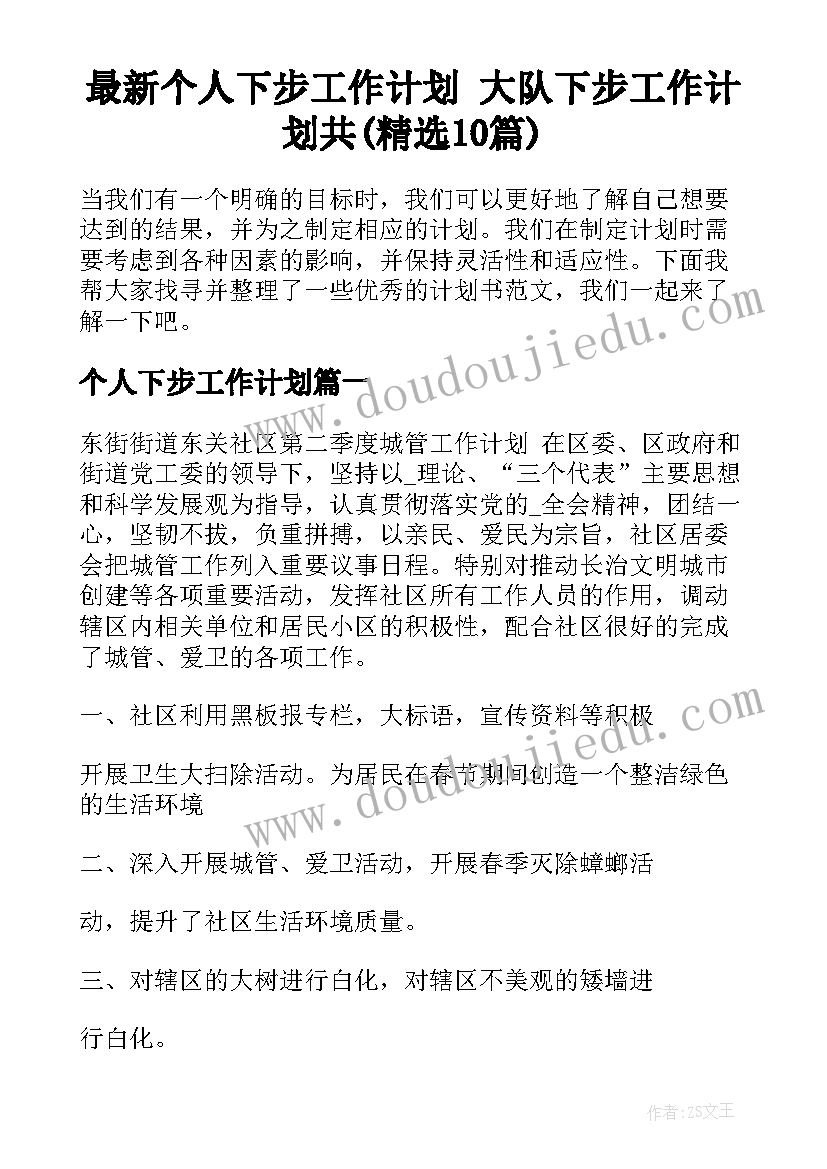 最新个人下步工作计划 大队下步工作计划共(精选10篇)