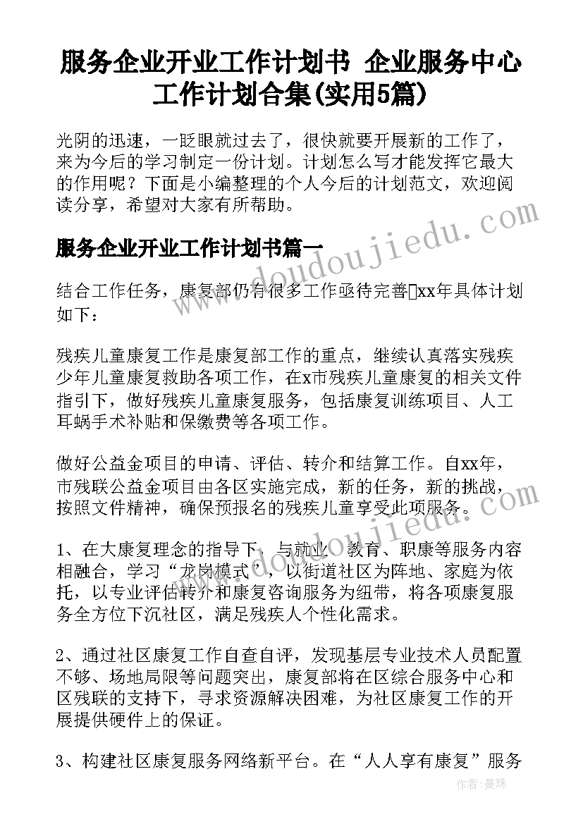 服务企业开业工作计划书 企业服务中心工作计划合集(实用5篇)