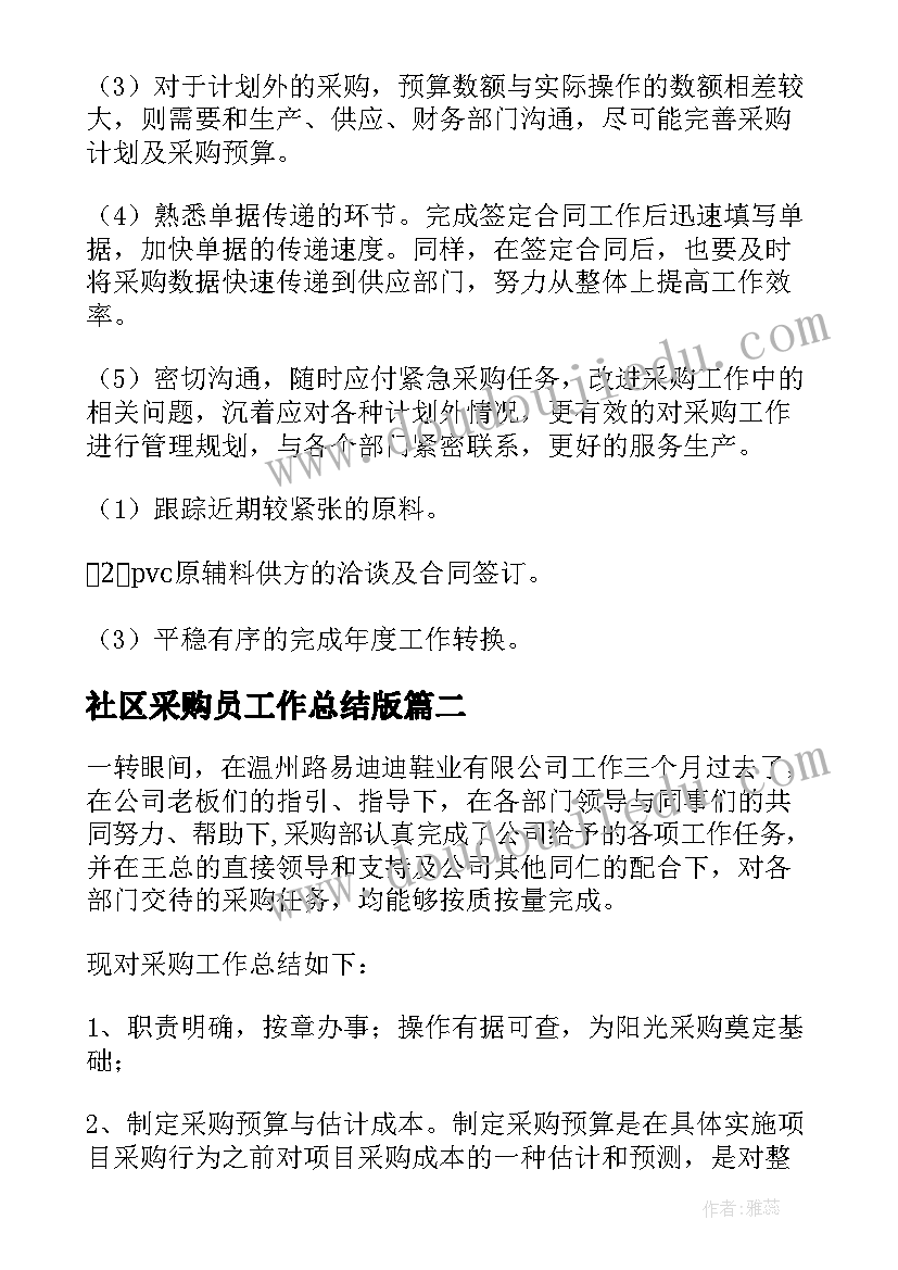 2023年社区采购员工作总结版(优秀9篇)