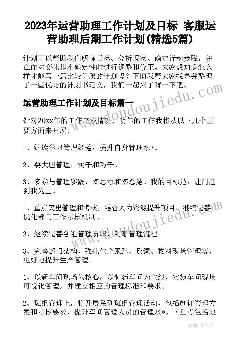 2023年运营助理工作计划及目标 客服运营助理后期工作计划(精选5篇)