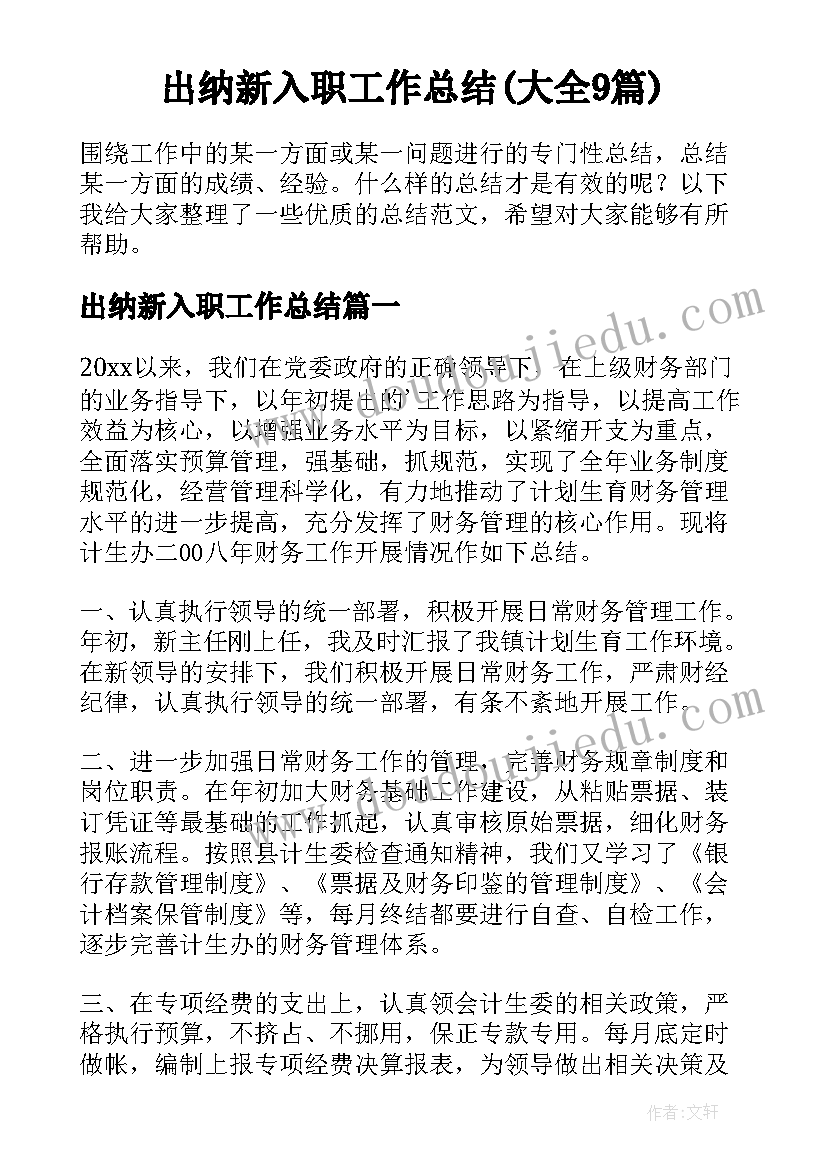 出纳新入职工作总结(大全9篇)