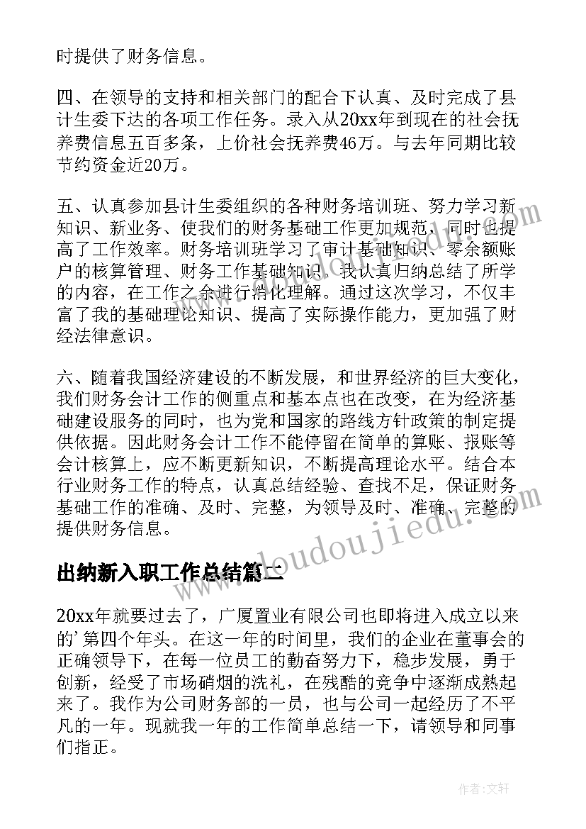 出纳新入职工作总结(大全9篇)