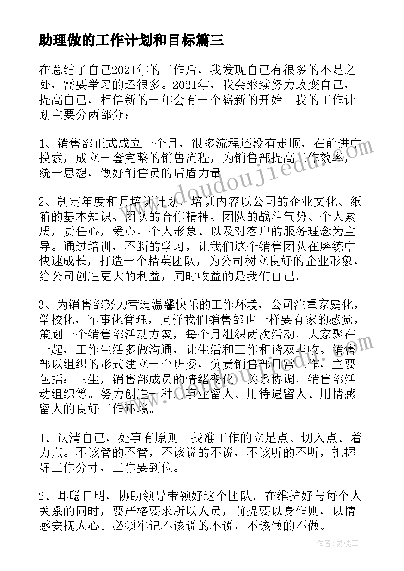 最新助理做的工作计划和目标 助理工作计划(模板8篇)