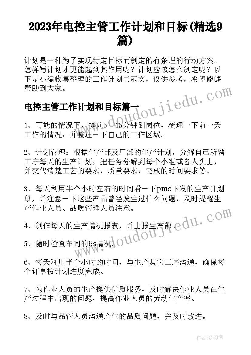 2023年电控主管工作计划和目标(精选9篇)