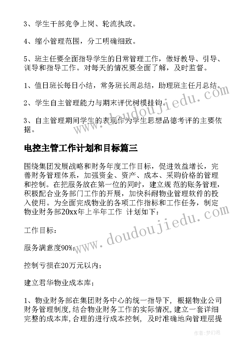 2023年电控主管工作计划和目标(精选9篇)