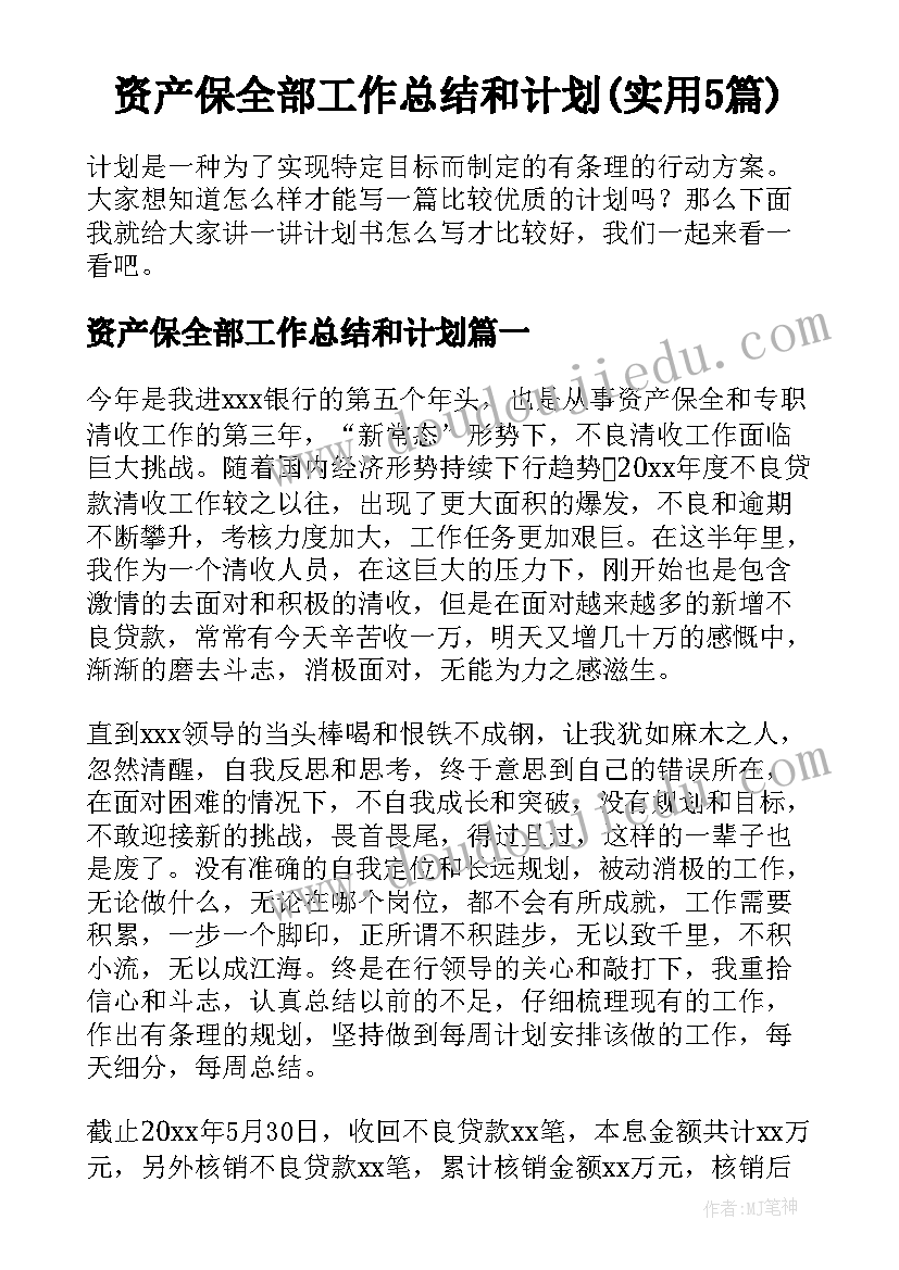 资产保全部工作总结和计划(实用5篇)